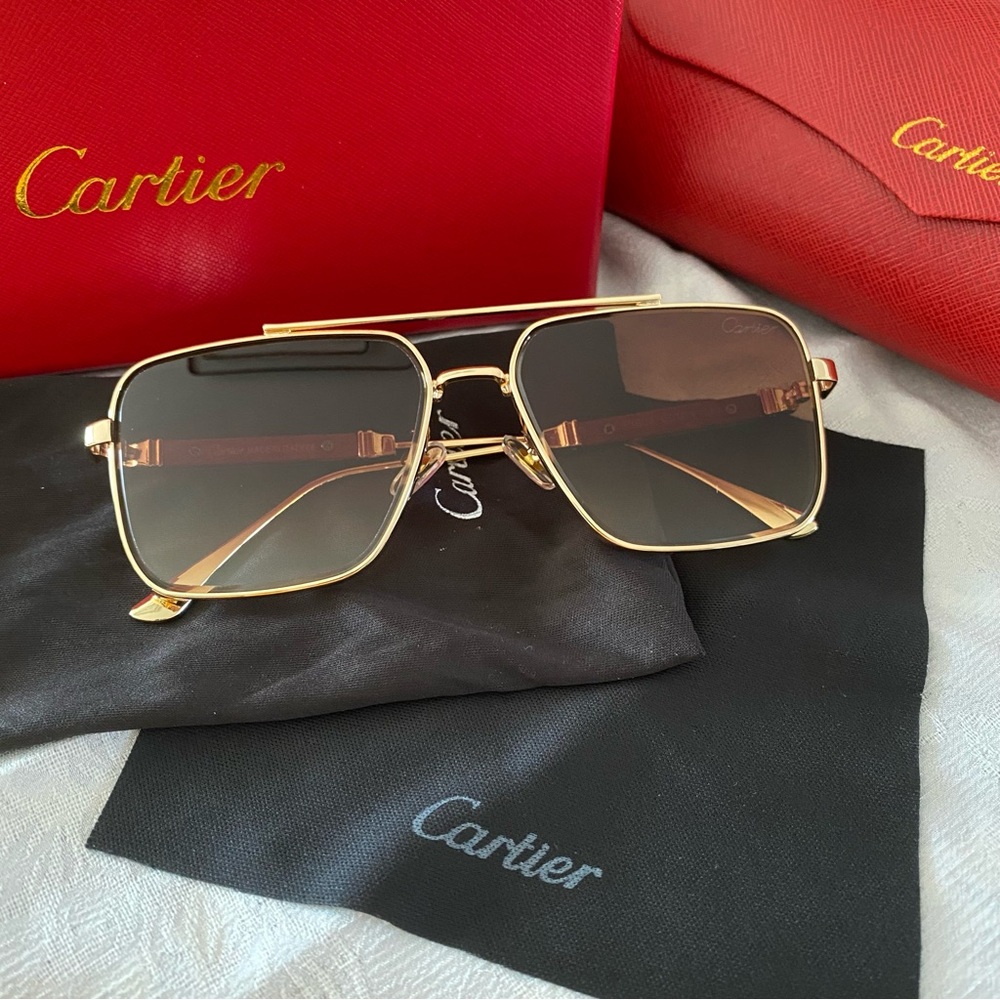 Cartier Wooden Temple Brown Square Sunglasses